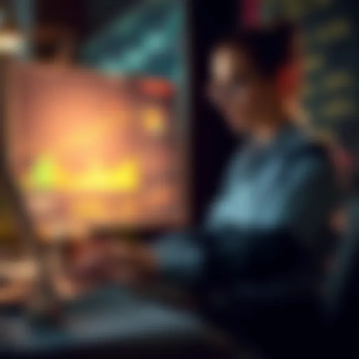 A person analyzing data on a laptop with financial charts and reports in the background.
