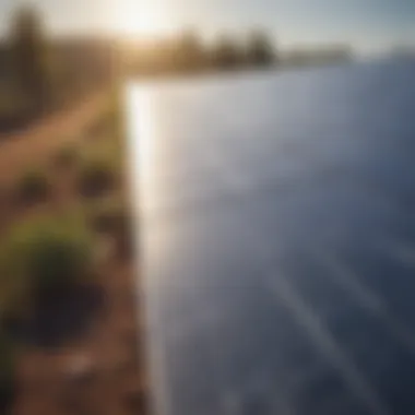 Solar panels reflecting sunlight in a rural area