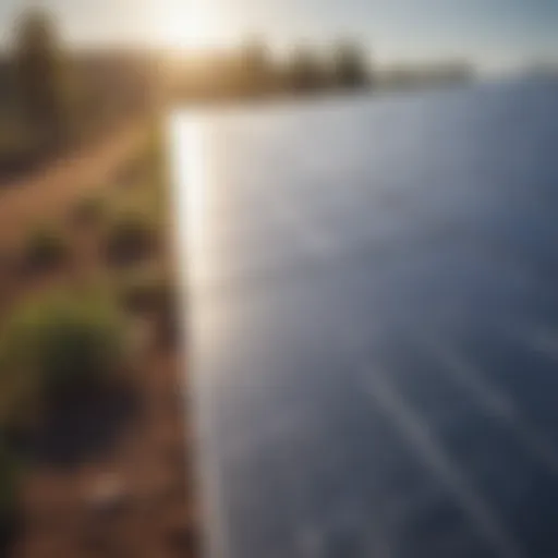 Solar panels reflecting sunlight in a rural area