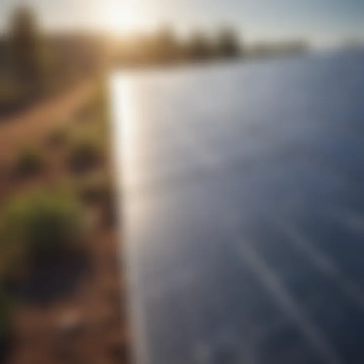 Solar panels reflecting sunlight in a rural area