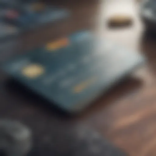 A close-up of a credit card on a table with monetary symbols in the background.