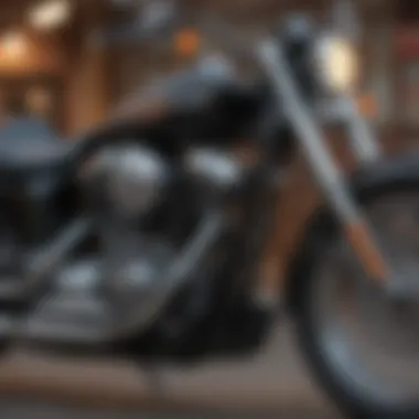 Close-up of a Harley Davidson motorcycle with interest rate signage