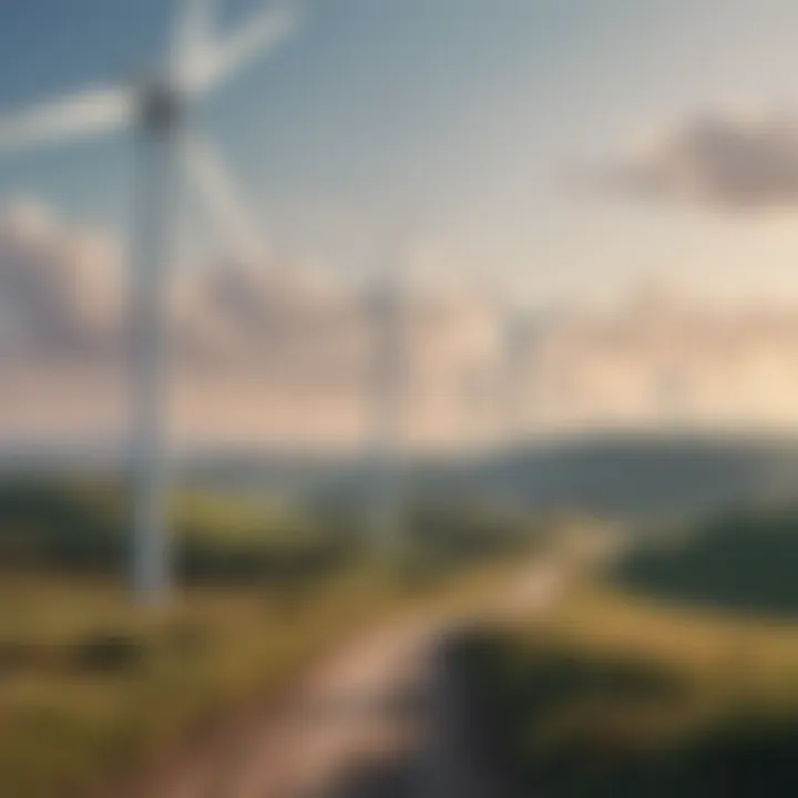 A wind farm in a scenic landscape, showcasing renewable energy production.