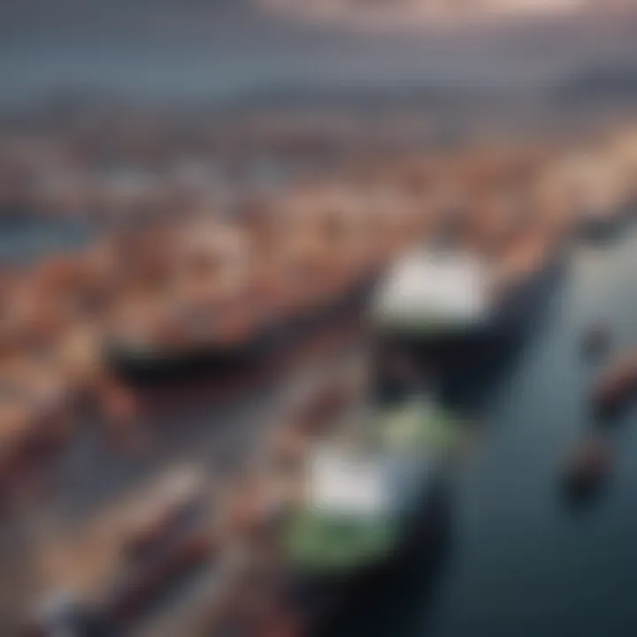 An overview of a bustling port with tanker ships docked