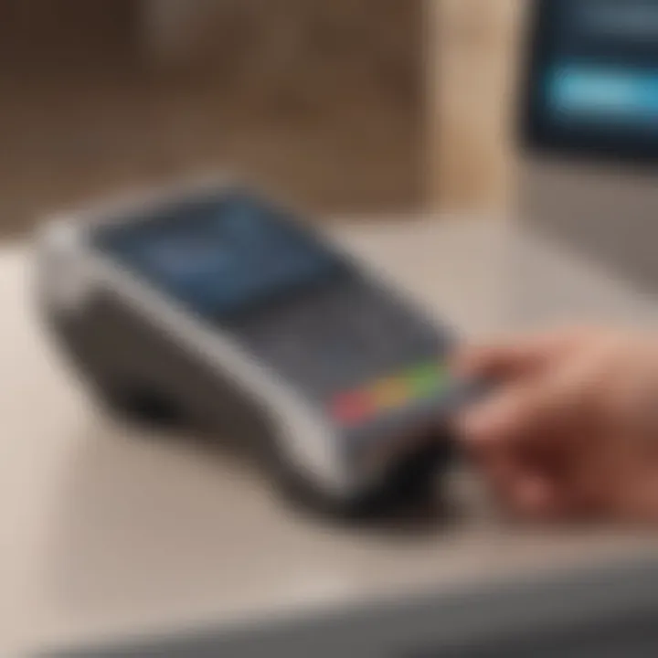 A close-up of a modern NFC terminal displaying a payment interface