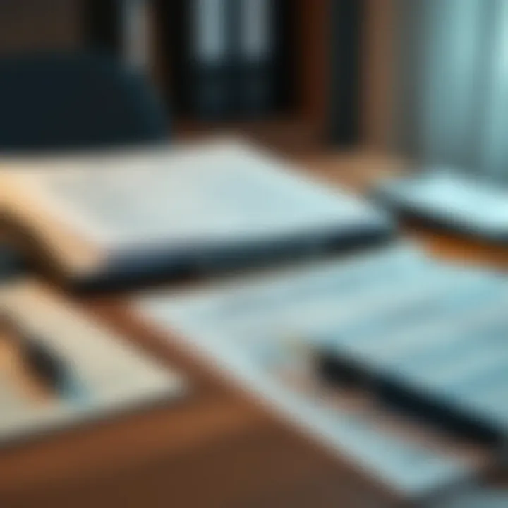 An organized desk with various loan documentation including forms and identification.
